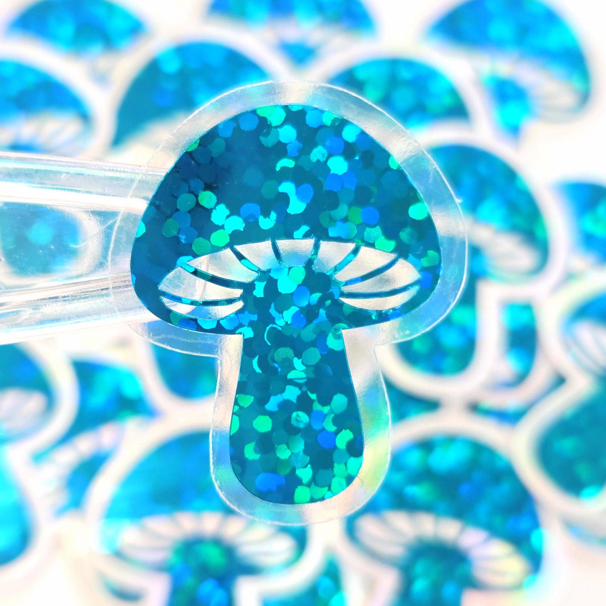 Mini Teal Mushroom Sticker Set, sparkly toadstool decals for cottagecore crafts and scrapbooks.