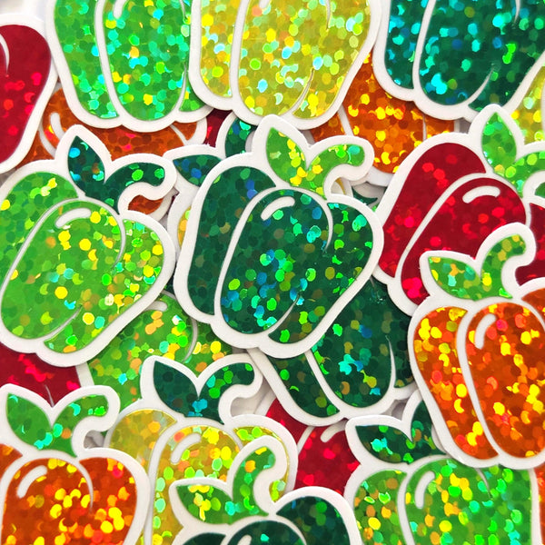 Red Bell Pepper Stickers, Vegetable Garden Die Cut Glitter Vinyl Decals, Peel & Stick, choose amount
