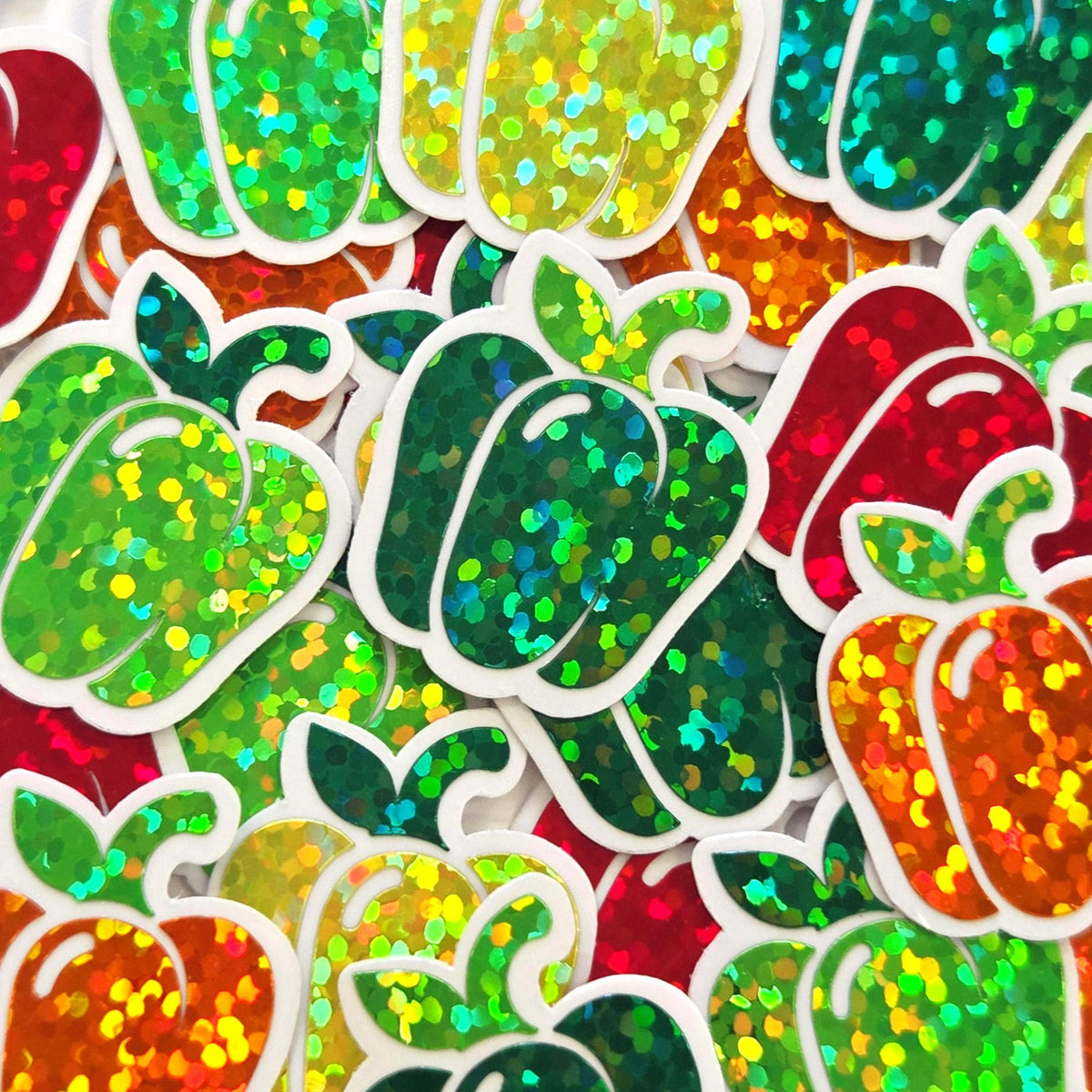 Green Bell Pepper Stickers, Vegerable Garden Die Cut Glitter Vinyl Decals, Peel & Stick, choose amount