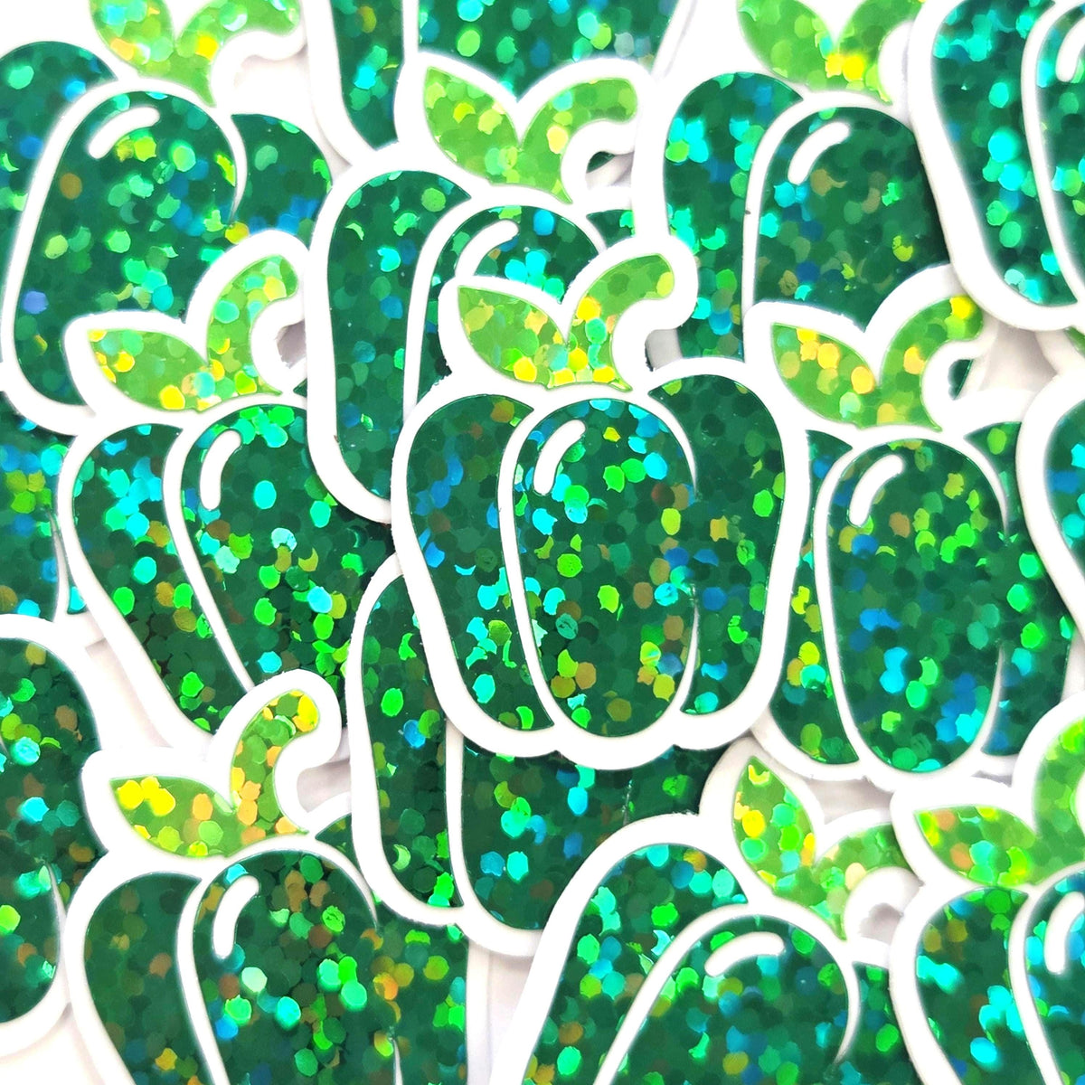 Green Bell Pepper Stickers, Vegerable Garden Die Cut Glitter Vinyl Decals, Peel & Stick, choose amount