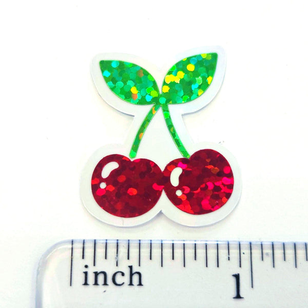 Red Cherry Sticker Set, Glitter Vinyl Decals for crafts, one inch, choose amount