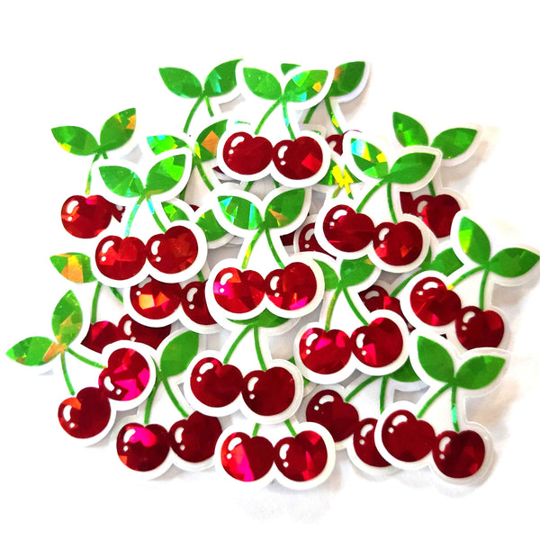 Mini Red Cherry Sticker Set, Sparkly Vinyl Decals for crafts, one inch, choose amount