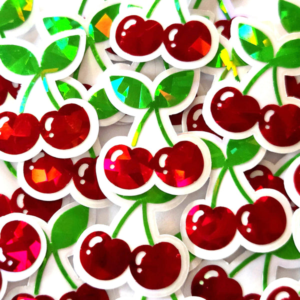 Mini Red Cherry Sticker Set, Sparkly Vinyl Decals for crafts, one inch, choose amount