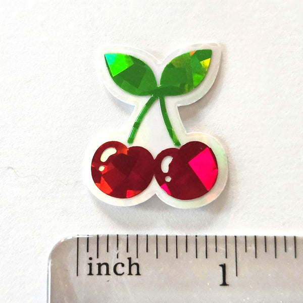 Mini Red Cherry Sticker Set, Sparkly Vinyl Decals for crafts, one inch, choose amount