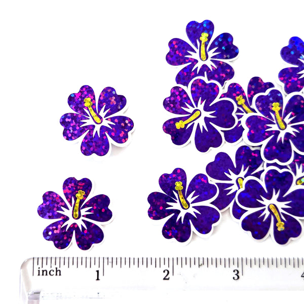 Mini Purple Hibiscus Flower Stickers, tropical blooms, summer garden, island beach wedding stickers