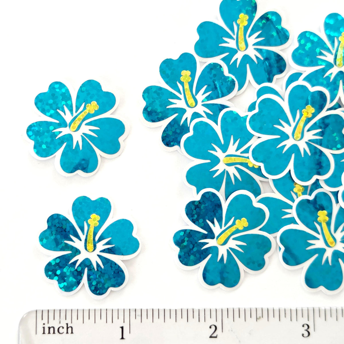 Mini Turquoise Hibiscus Flower Stickers, tropical blooms, summer garden, island beach wedding stickers, choose color.