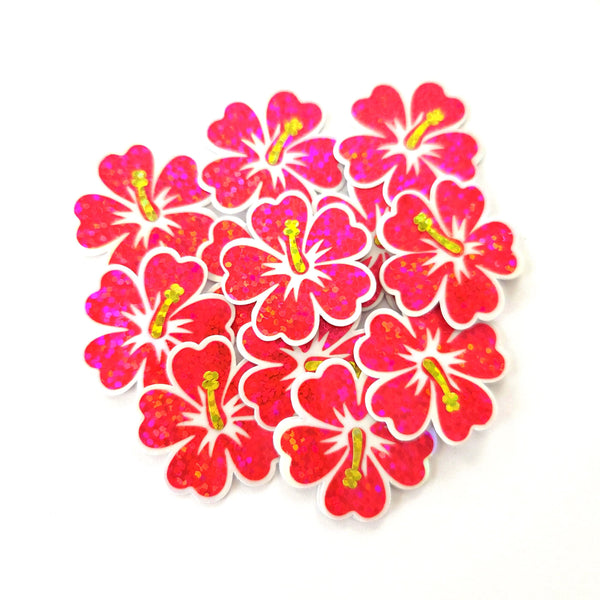 Mini Orange Glitter Hibiscus Flower Stickers, Tropical Die Cut Blooms, Clear Outline Vinyl