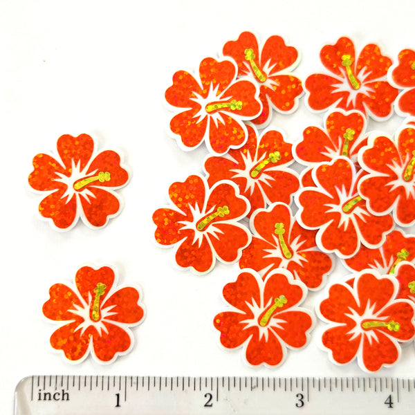 Mini Orange Glitter Hibiscus Flower Stickers, Tropical Die Cut Blooms, Clear Outline Vinyl