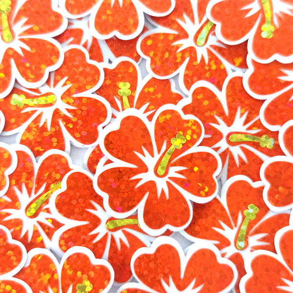 Mini Orange Glitter Hibiscus Flower Stickers, Tropical Die Cut Blooms, Clear Outline Vinyl