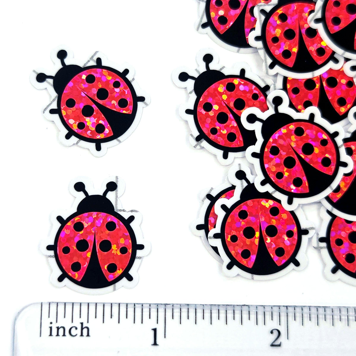 Red Ladybug Stickers, Cute Bugs, Die Cut Glitter Vinyl Decals, Peel & Stick, choose amount