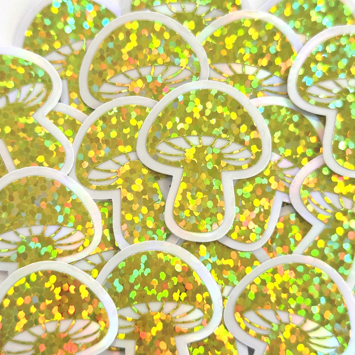 Yellow Mushrooms Mini Sticker Set, sparkly toadstools for cottagecore journals and crafts