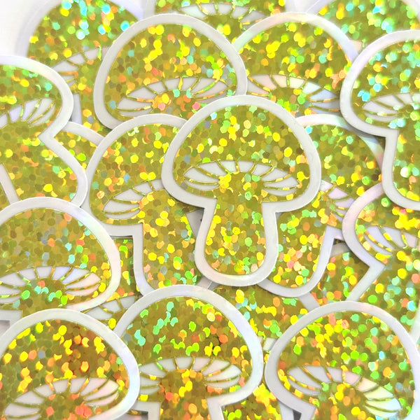 Yellow Mushrooms Mini Sticker Set, sparkly toadstools for cottagecore journals and crafts