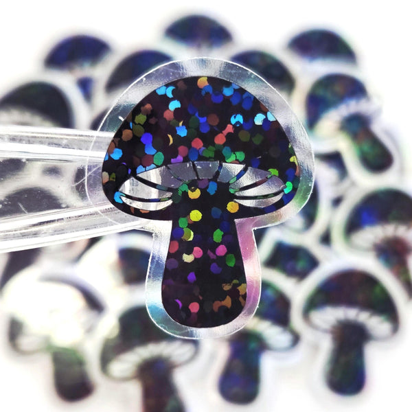 Black Mushrooms Mini Sticker Set, sparkly toadstools for cottagecore scrapbooking, crafts, journals