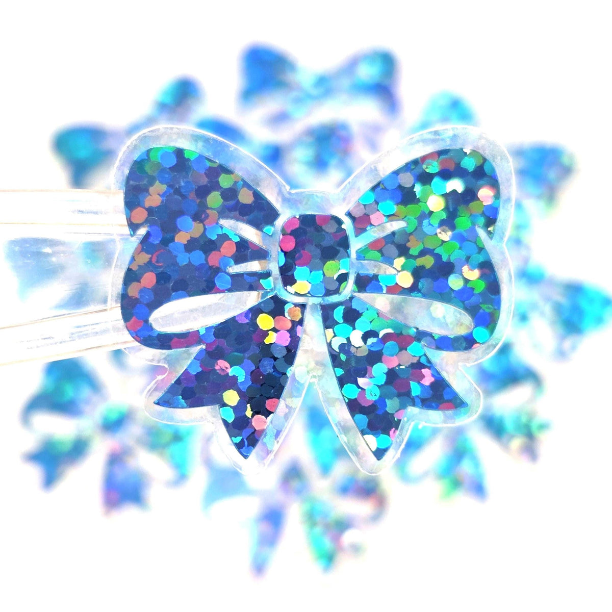 Mini Sparkly Light Blue Bow Stickers, Ribbon Decals, clear outline