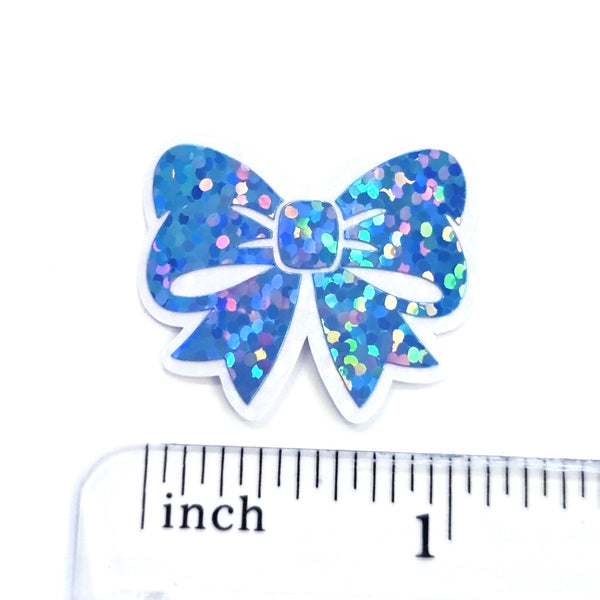 Mini Sparkly Light Blue Bow Stickers, Ribbon Decals, clear outline