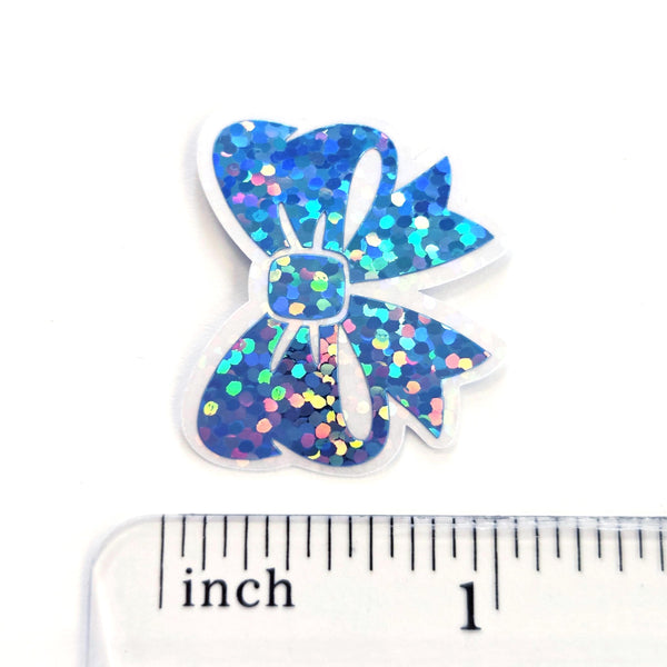 Mini Sparkly Light Blue Bow Stickers, Ribbon Decals, clear outline