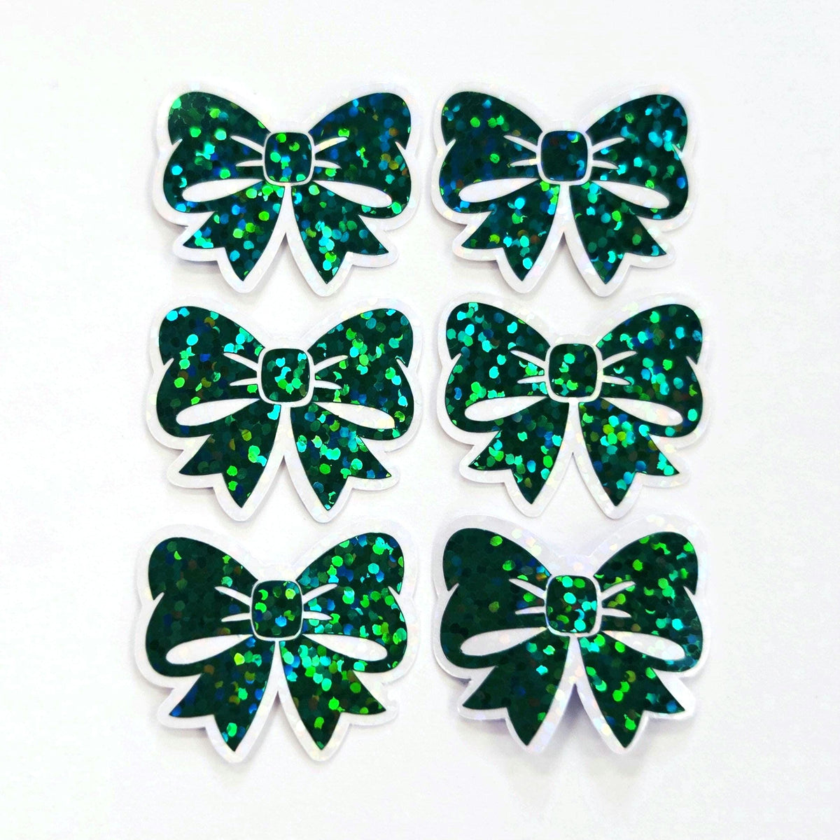 Dark Green Bow Mini Stickers, Sparkly Ribbon Decals, clear outline