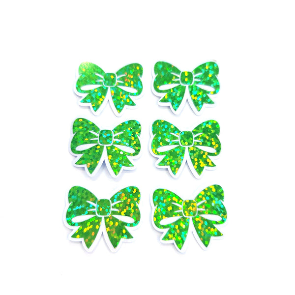 Green Bow Mini Stickers, Sparkly Ribbon Decals, clear outline