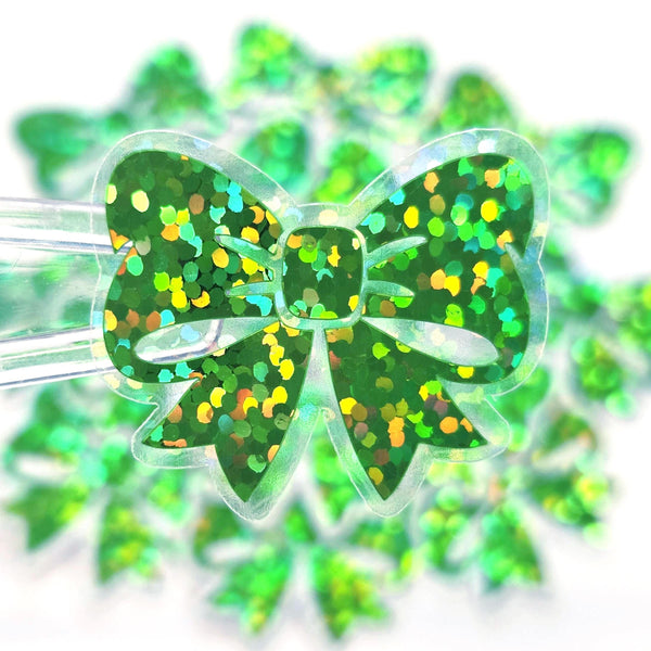 Green Bow Mini Stickers, Sparkly Ribbon Decals, clear outline