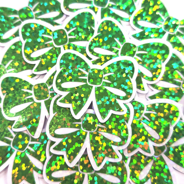 Green Bow Mini Stickers, Sparkly Ribbon Decals, clear outline