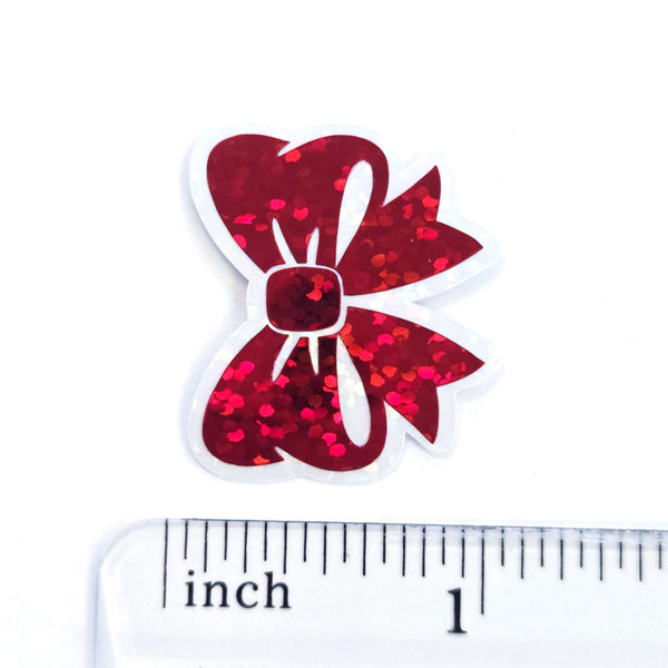 Red Bow Stickers, Small Sparkly Ribbon Vinyl Decals with clear outline