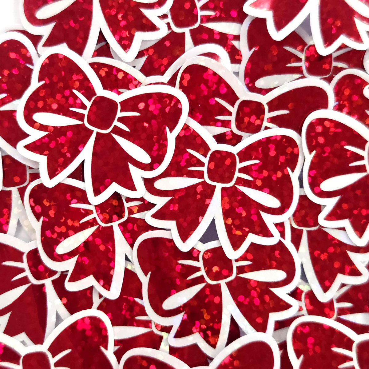 Red Bow Stickers, Small Sparkly Ribbon Vinyl Decals with clear outline