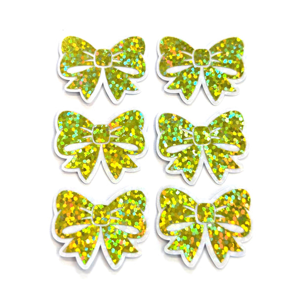 Small Yellow Bow Stickers, Sparkly Ribbon Decals, clear outline