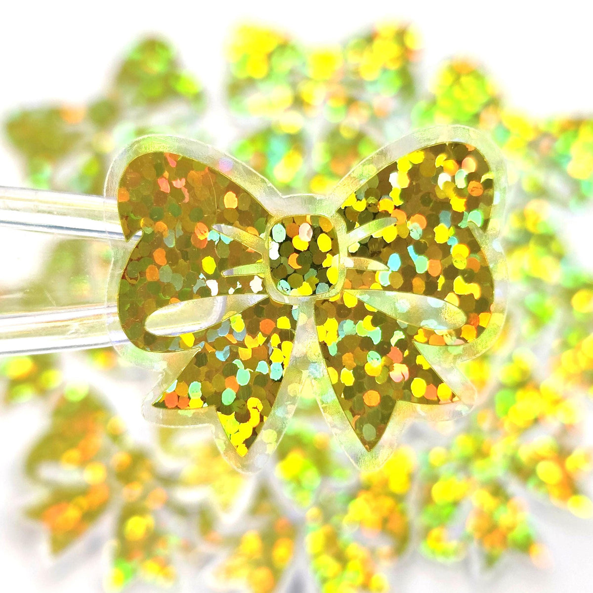 Small Yellow Bow Stickers, Sparkly Ribbon Decals, clear outline