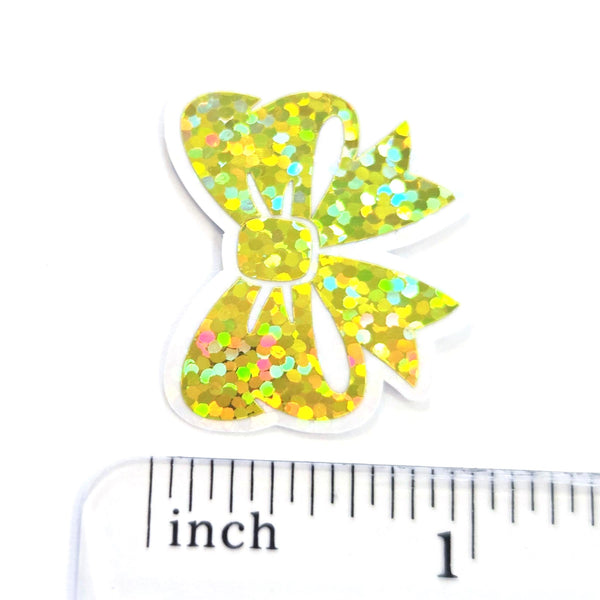Small Yellow Bow Stickers, Sparkly Ribbon Decals, clear outline