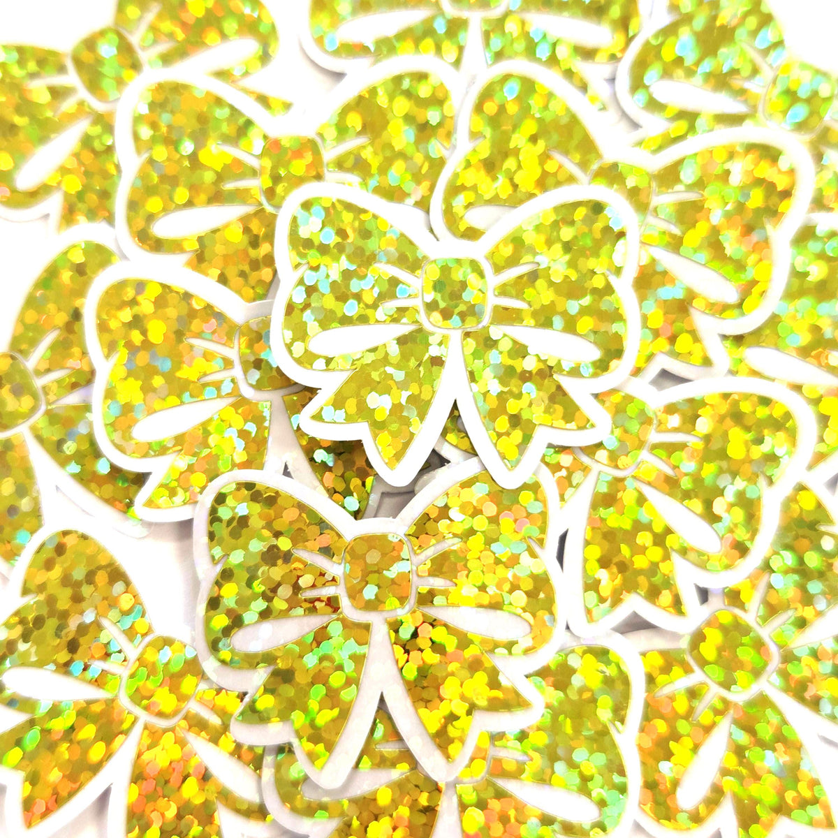 Small Yellow Bow Stickers, Sparkly Ribbon Decals, clear outline