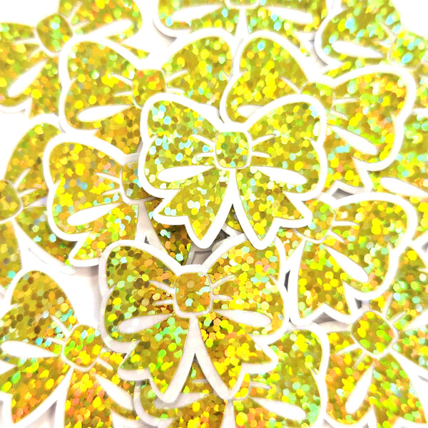 Small Yellow Bow Stickers, Sparkly Ribbon Decals, clear outline