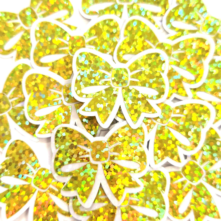 Small Yellow Bow Stickers, Sparkly Ribbon Decals, clear outline