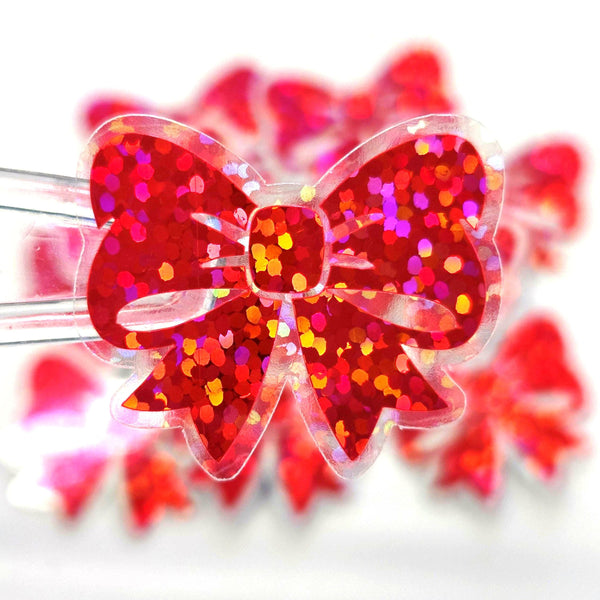 Pink Ribbon Stickers, Sparkly Vinyl Bow Decals, clear outline
