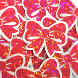 Pink Ribbon Stickers, Sparkly Vinyl Bow Decals, clear outline