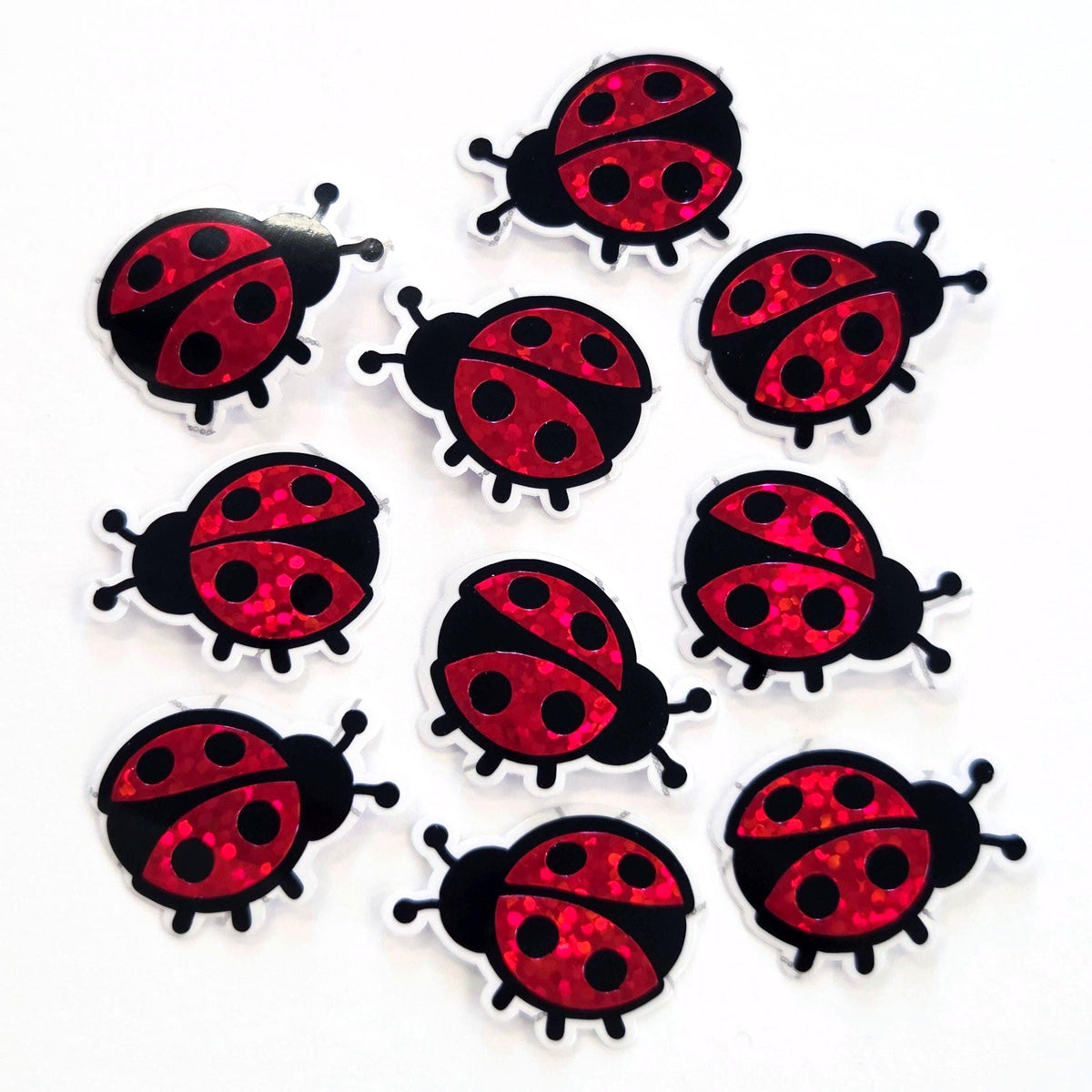 Pink Ladybug Stickers, small sparkly bug decals with clear outline