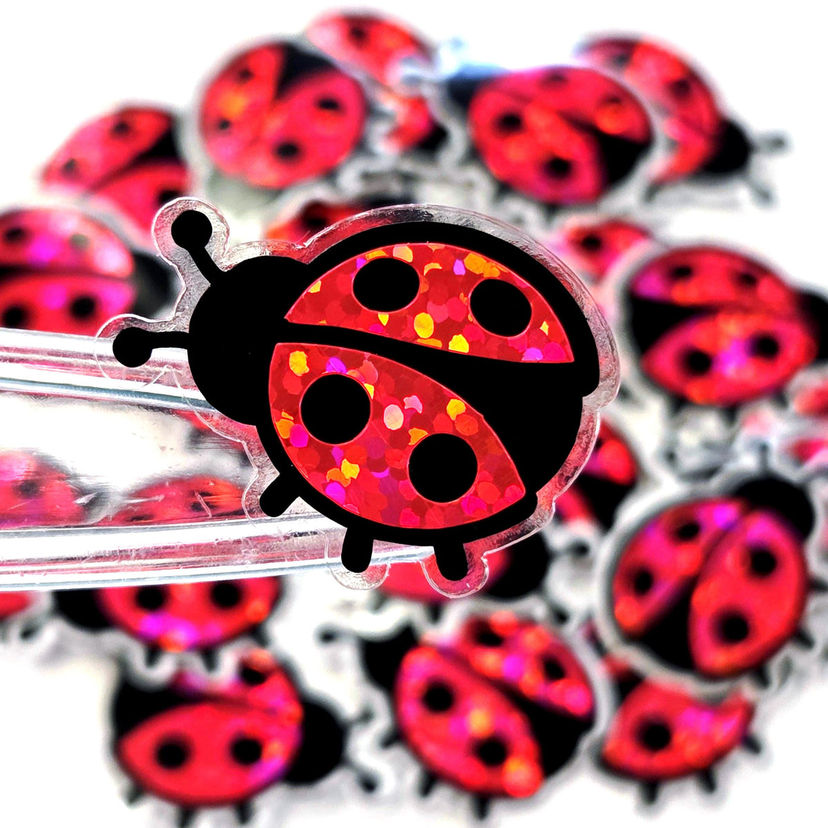 Pink Ladybug Stickers, small sparkly bug decals with clear outline