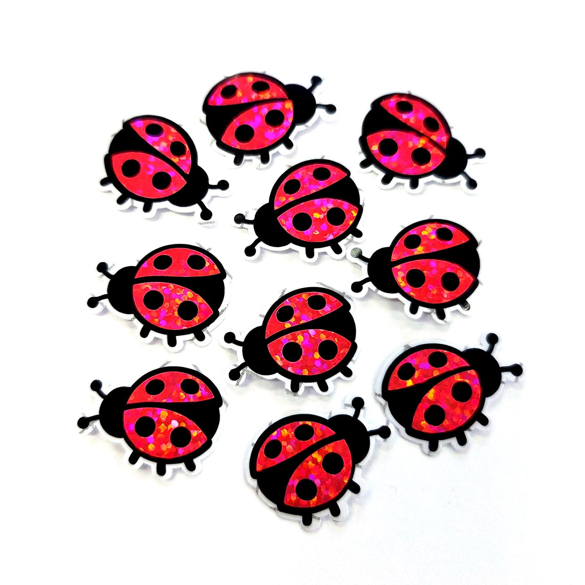Pink Ladybug Stickers, small sparkly bug decals with clear outline