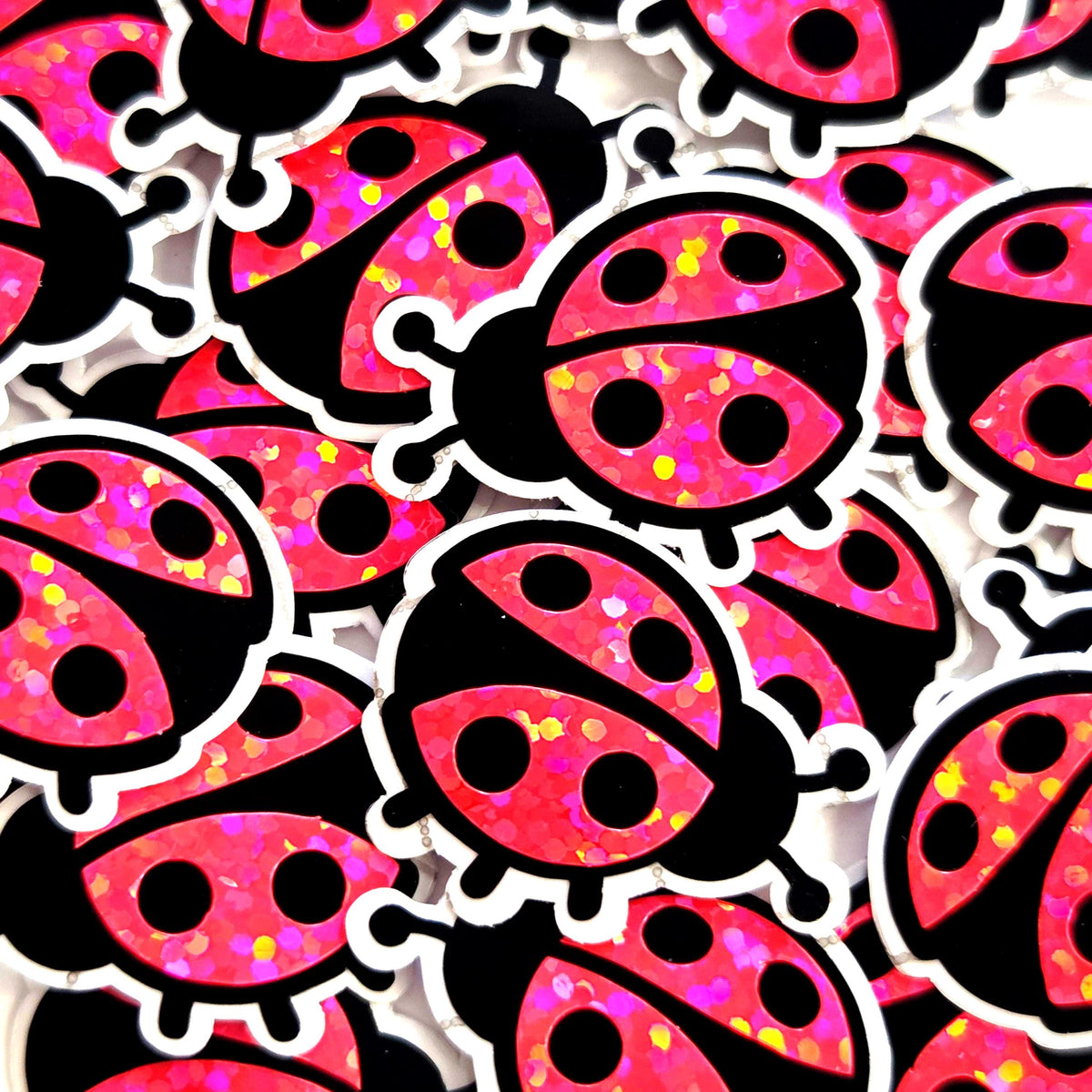 Pink Ladybug Stickers, small sparkly bug decals with clear outline