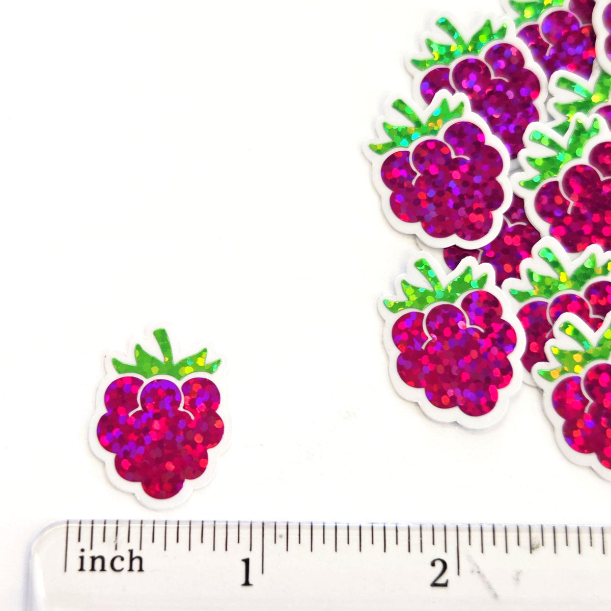 Mini Raspberry Sticker Set, Die Cut Glitter Vinyl Decals, Peel & Stick, choose amount