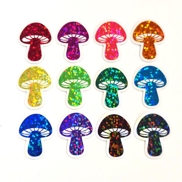 Tiny Mushroom Sticker Sample Pack, set of 12 die-cut sparkly toadstool decals for cottagecore scrapbooking, crafts, journals