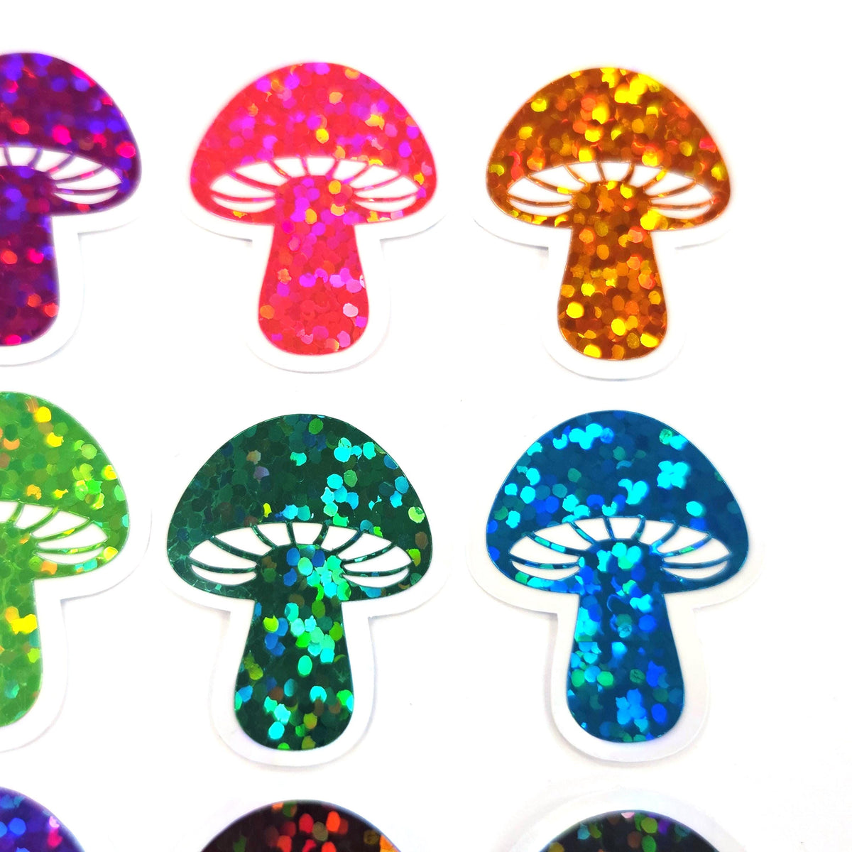 Tiny Mushroom Sticker Sample Pack, set of 12 die-cut sparkly toadstool decals for cottagecore scrapbooking, crafts, journals