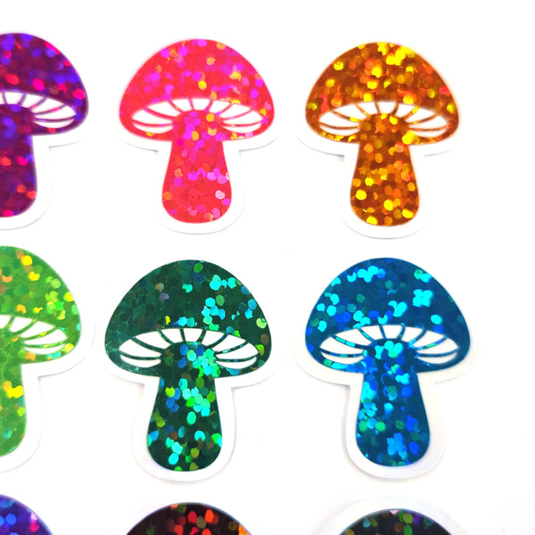 Tiny Mushroom Sticker Sample Pack, set of 12 die-cut sparkly toadstool decals for cottagecore scrapbooking, crafts, journals