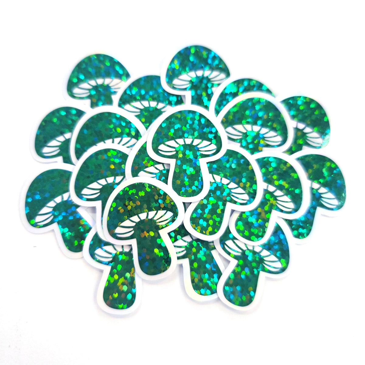 Tiny Green Mushroom Stickers, set of 12 die-cut sparkly toadstool decals for cottagecore scrapbooking, crafts, journals