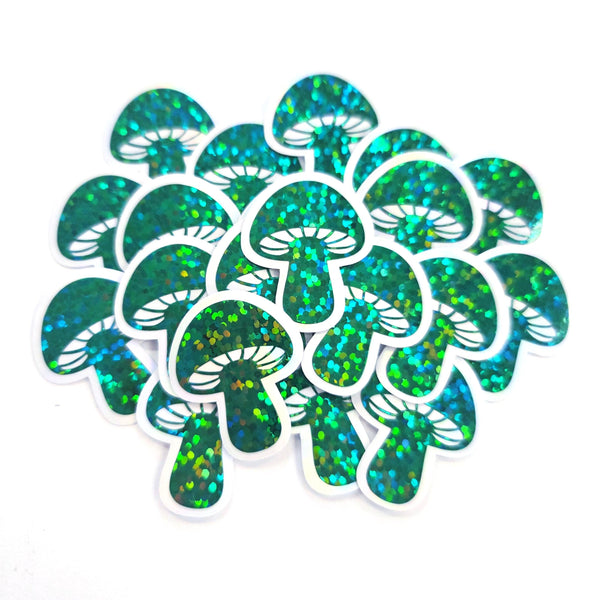 Tiny Green Mushroom Stickers, set of 12 die-cut sparkly toadstool decals for cottagecore scrapbooking, crafts, journals