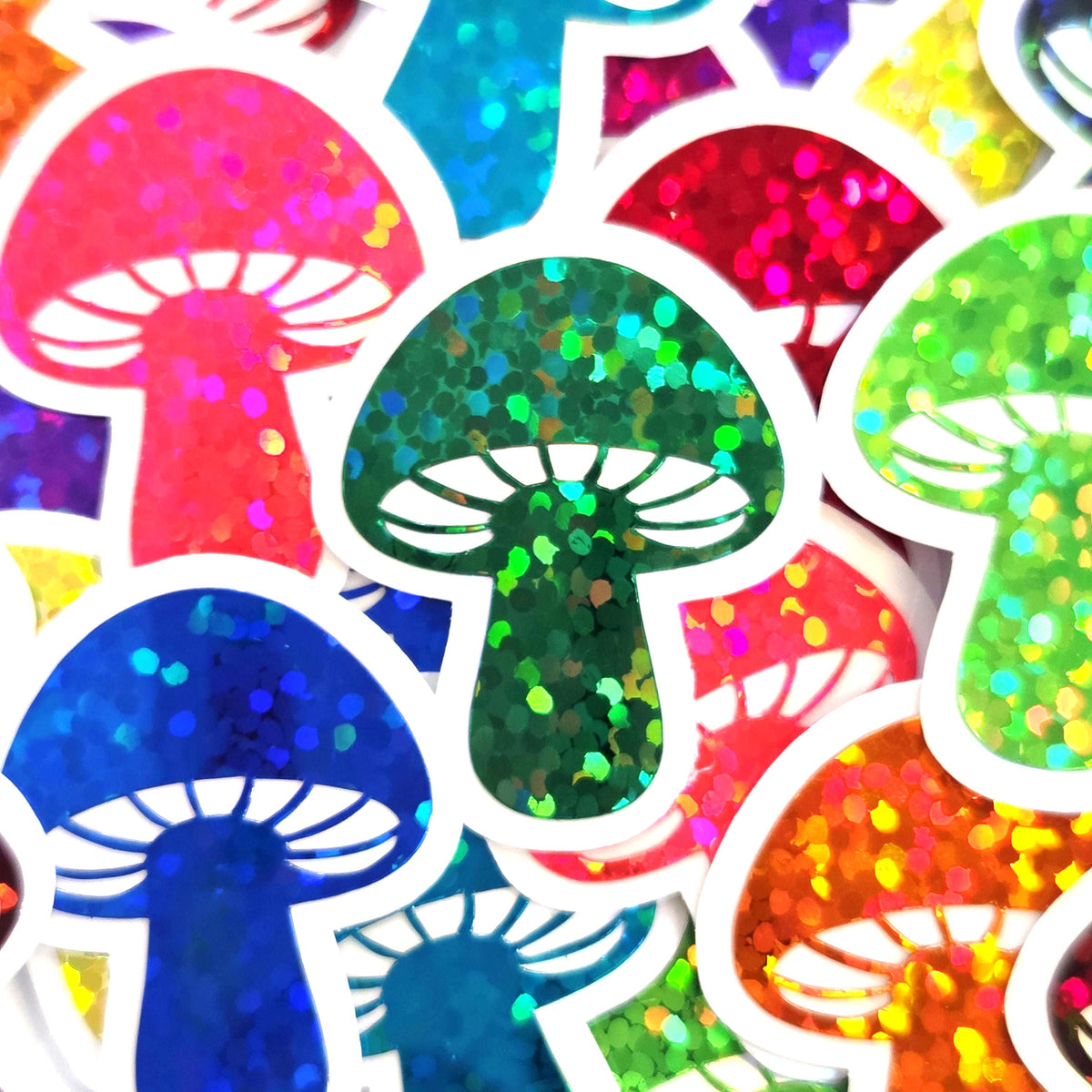 Tiny Green Mushroom Stickers, set of 12 die-cut sparkly toadstool decals for cottagecore scrapbooking, crafts, journals