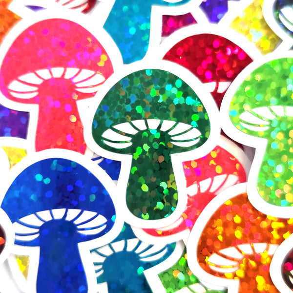Tiny Green Mushroom Stickers, set of 12 die-cut sparkly toadstool decals for cottagecore scrapbooking, crafts, journals