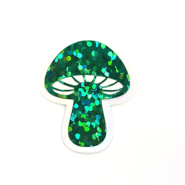 Tiny Green Mushroom Stickers, set of 12 die-cut sparkly toadstool decals for cottagecore scrapbooking, crafts, journals