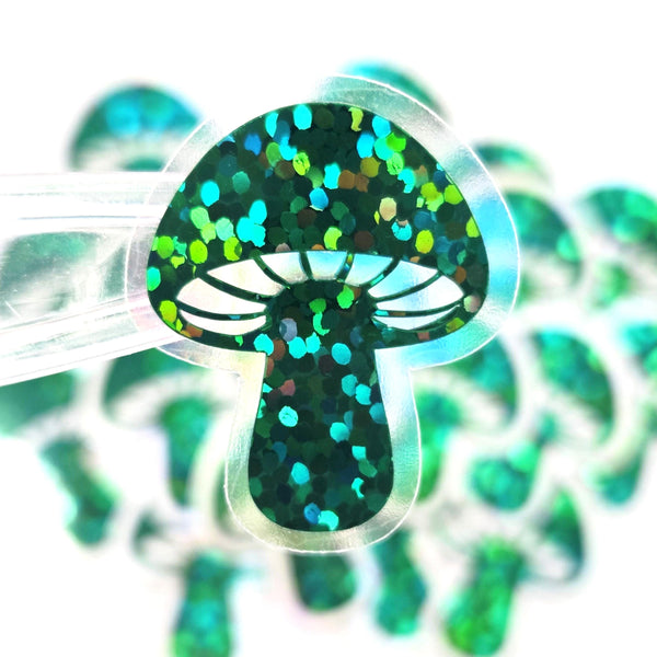 Tiny Green Mushroom Stickers, set of 12 die-cut sparkly toadstool decals for cottagecore scrapbooking, crafts, journals