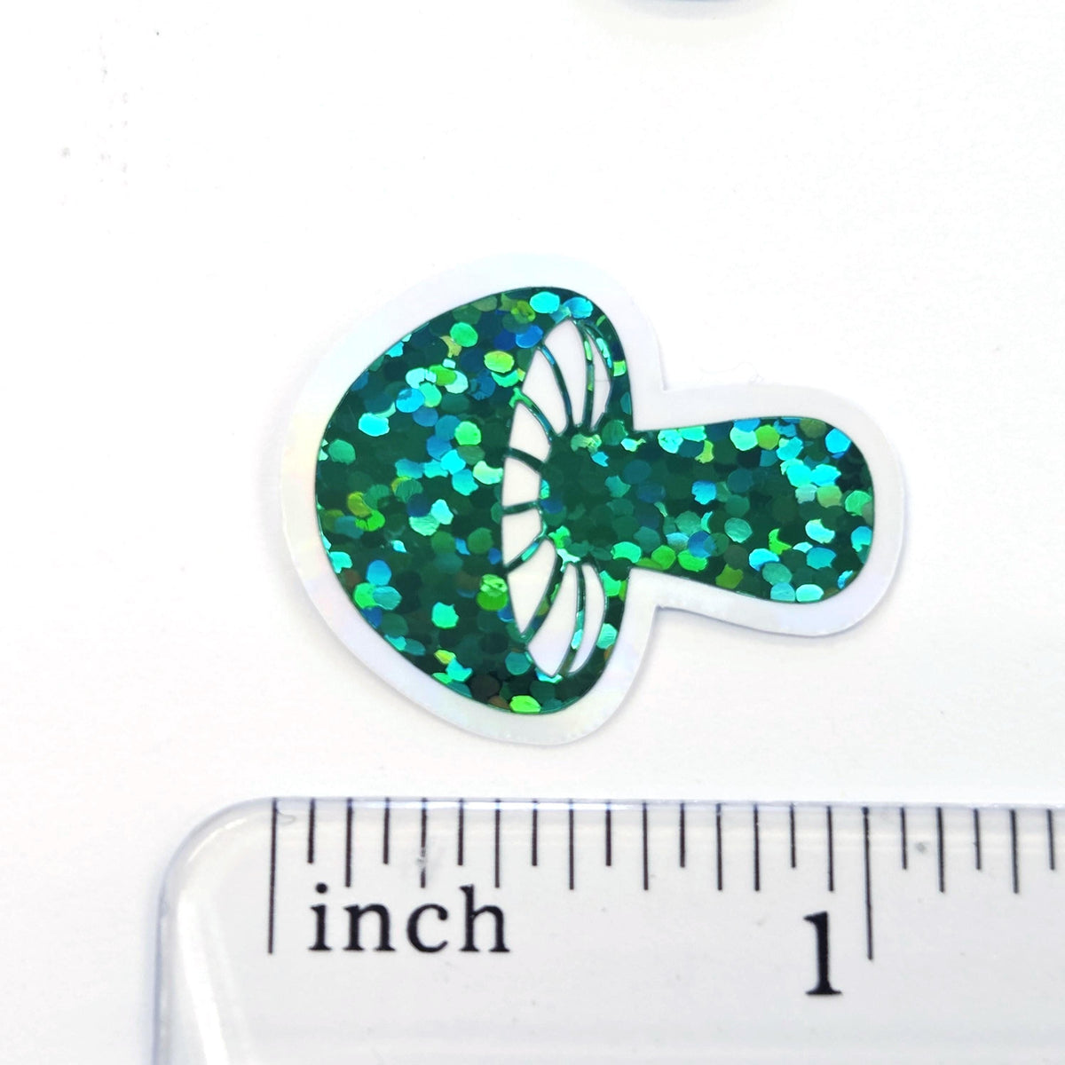Tiny Green Mushroom Stickers, set of 12 die-cut sparkly toadstool decals for cottagecore scrapbooking, crafts, journals