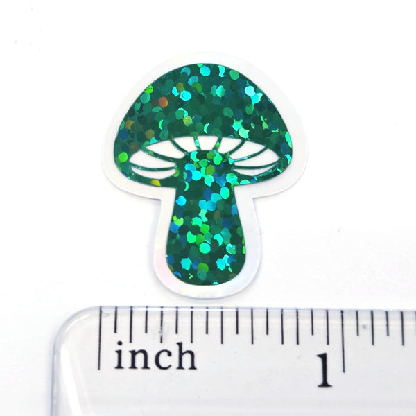 Tiny Green Mushroom Stickers, set of 12 die-cut sparkly toadstool decals for cottagecore scrapbooking, crafts, journals